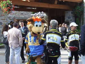 Mont Tremblant mascot Toufou, mingling with the riders